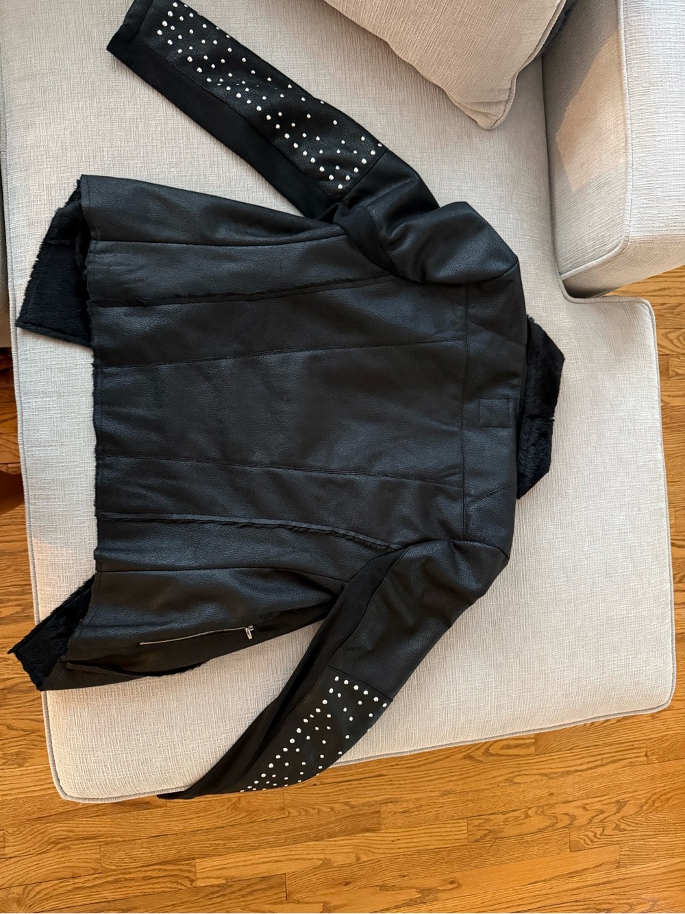Black Faux Fur-Lined Studded Leather Jacket - Picture 2 of 4
